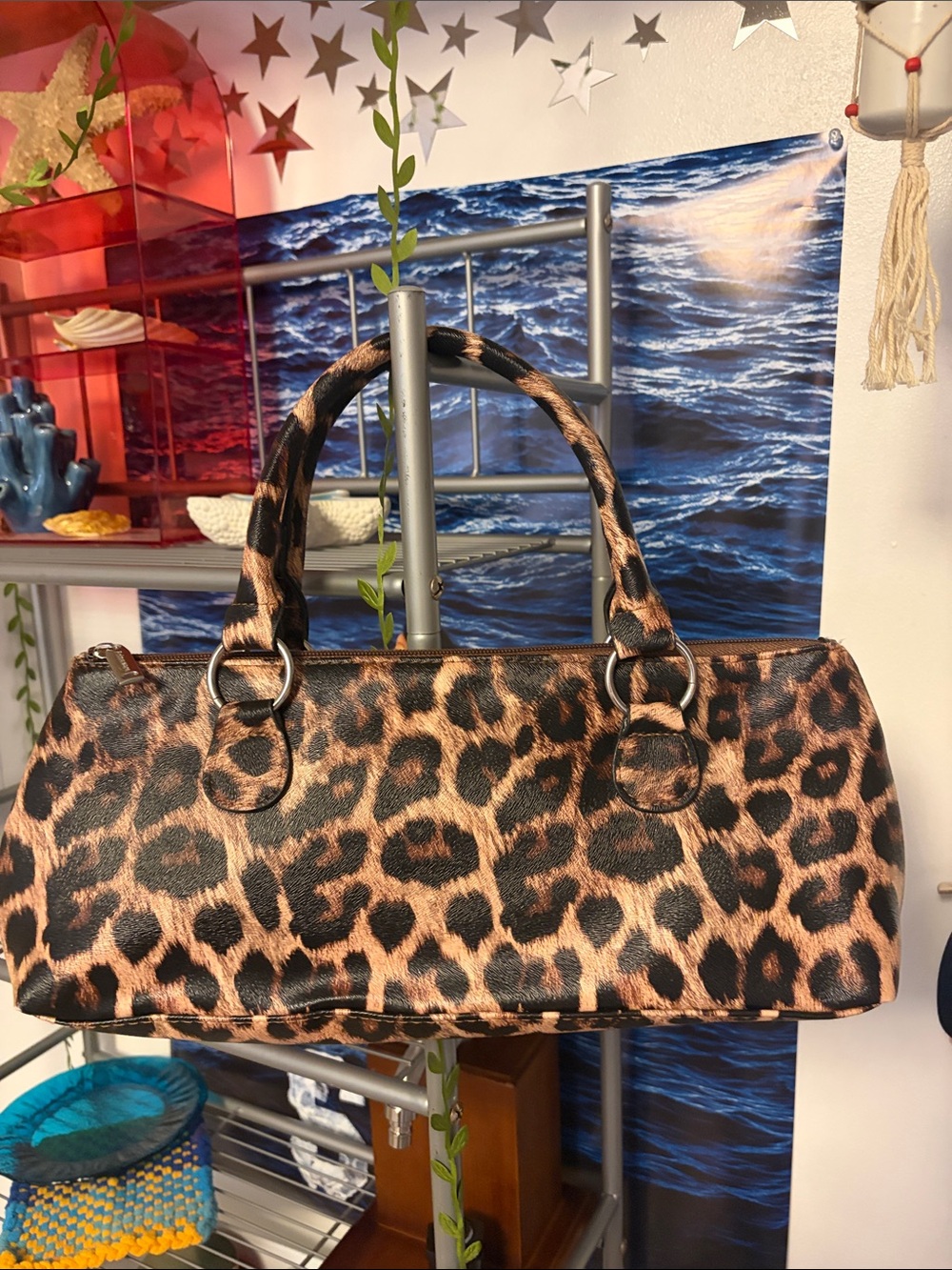 Leopard Print Shoulder Bag with Dual Handles - Brown